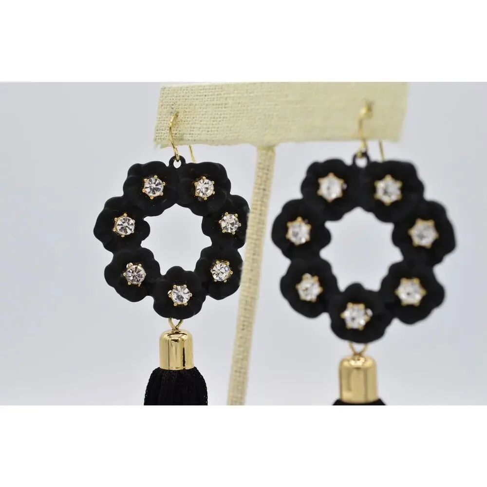 Vintage Statement Tassel Earrings Dangle Black Thread Gold Rhinestone Y2K BinAA